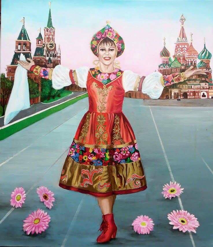 Ritratto di Olga Generalova in abito tradizionale russo.