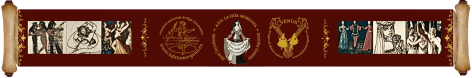 Banner decorativo con elementi grafici di danza storica,danza orientale ,costumi teatrali e loghi dei progetti La Fata Morgana