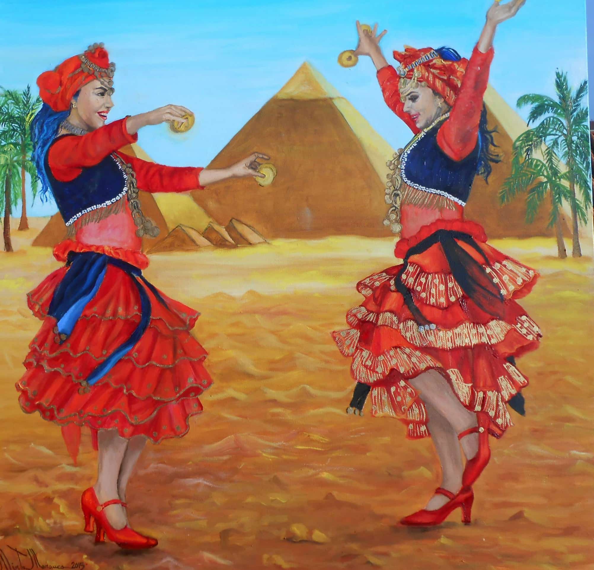 Danza folcloristica egiziana interpretata da Olga Generalova, rappresentata in un quadro di Mirta Maranca con ambientazione desertica e piramidi