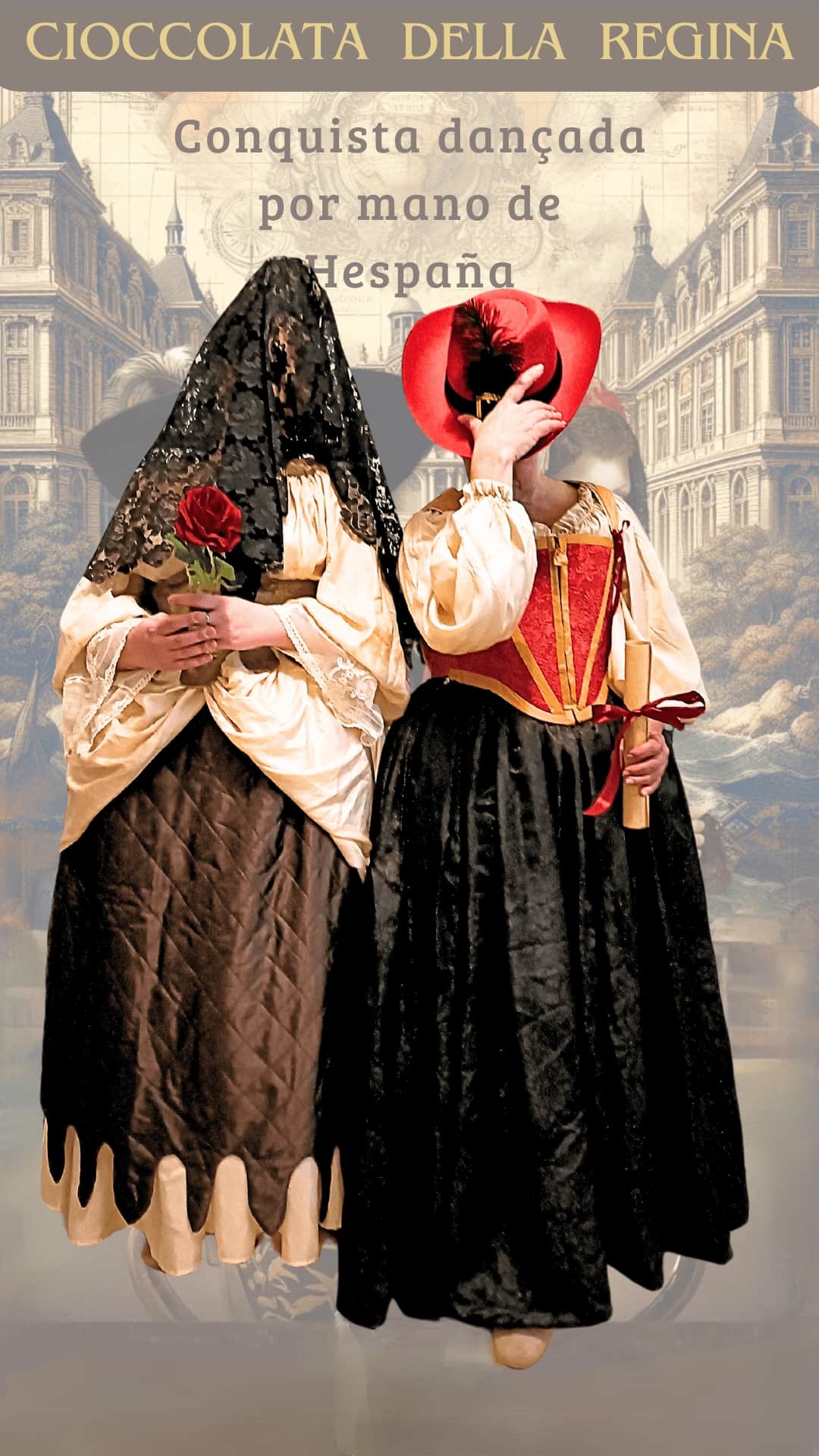 Figuranti in costumi storici durante lo spettacolo Cioccolata della Regina di Venus, con ambientazione ispirata alla corte europea.