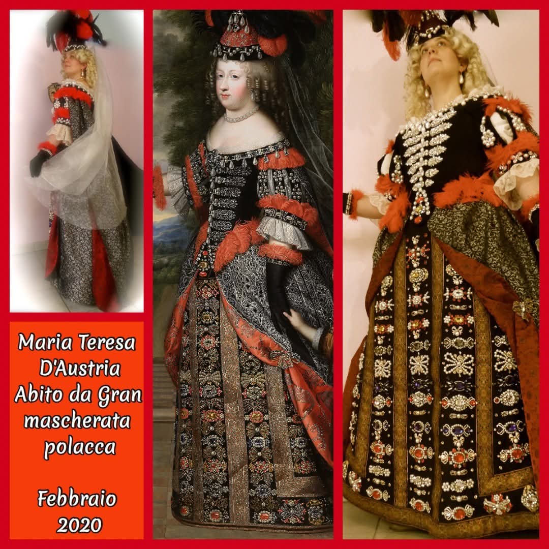 Ricostruzione sartoriale di un abito storico ispirato a un ritratto pittorico, con confronto tra quadro originale e costume realizzato.
