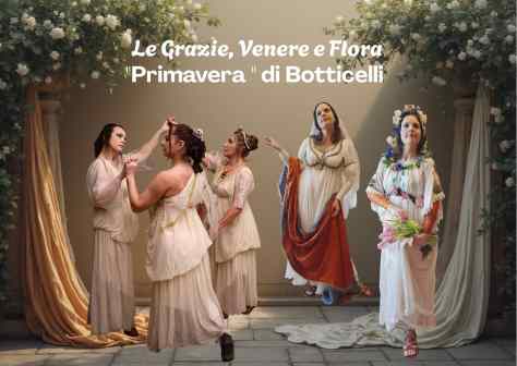 Performance rinascimentale Venus ispirata alla Primavera di Botticelli con costumi ricostruiti dal quadro