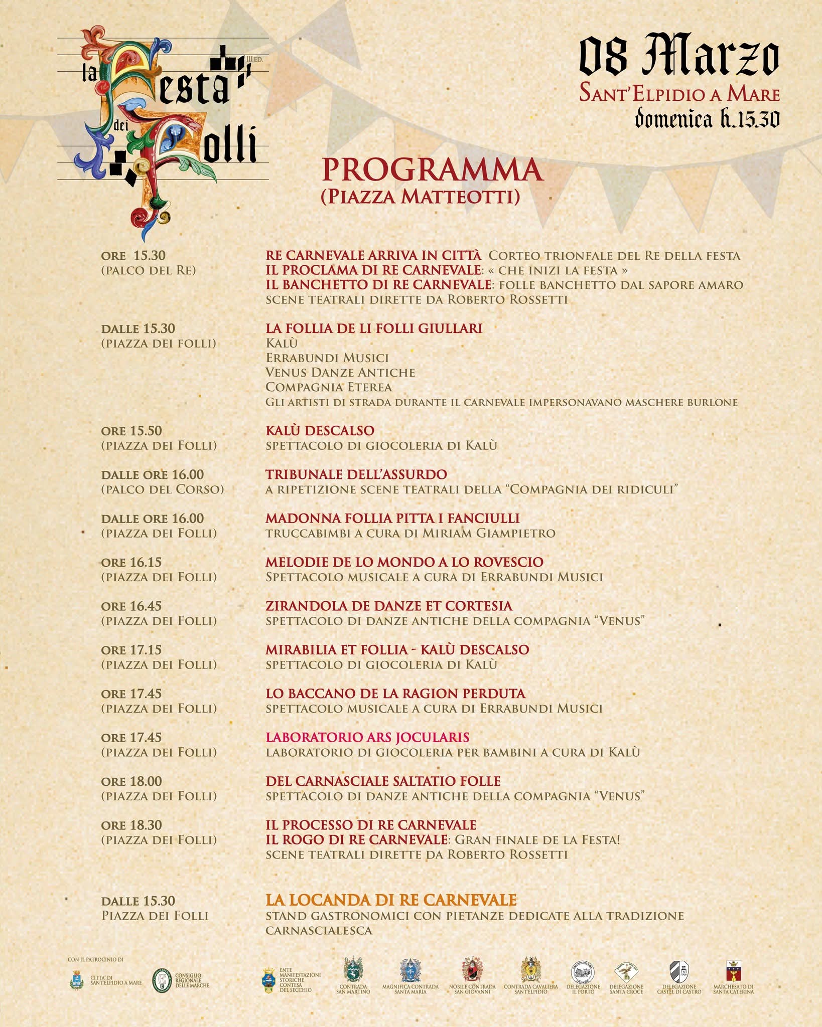 Programma cartaceo ufficiale della Festa dei Folli con la partecipazione del gruppo Venus e altri artisti edizione 2026