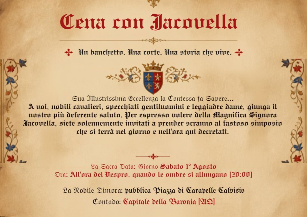 Locandina invito al banchetto medievale "Cena con Jacovella" 1 Agosto Carapelle Calvisio con la partecipazione del gruppo di danza antica Venus