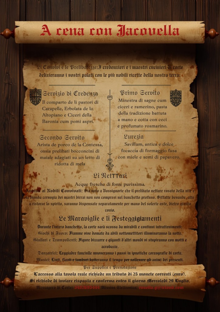 Il menù e programma del banchetto medievale Cena con Jacovella con la partecipazione del gruppo di danza antica Venus