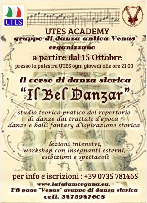 Locandina del corso di danze storiche a cura di Venus gruppo di danza antica presso l' UTES di San Benedetto del Tronto